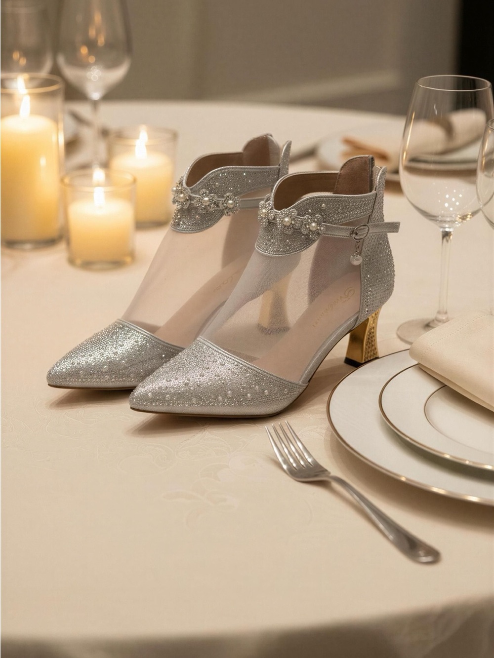 S.L. Fashions Silver Glitter Pointed-Toe Heels with Pearl Ankle Strap